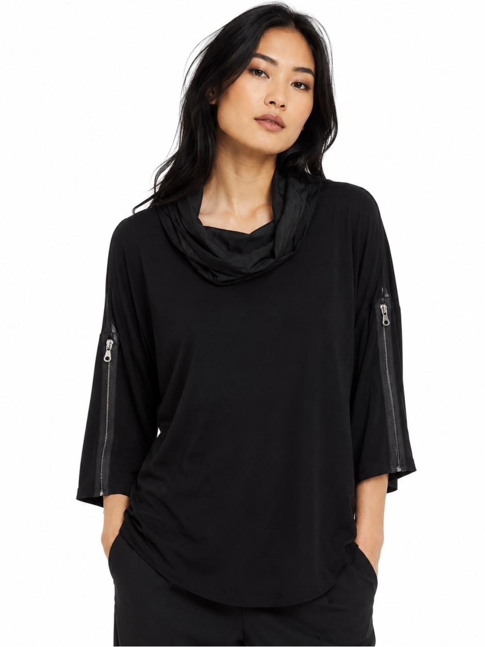 Joseph Ribkoff Lagenlook Tunic Top Black Cowl  Zip-Sleeve Shirt Size 18